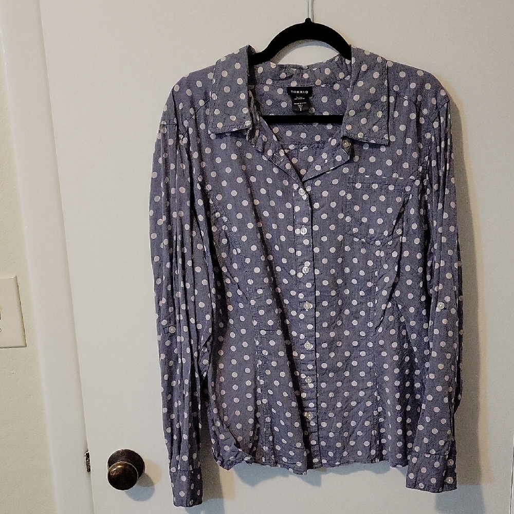 Torrid Blue Long Sleeve Polka Dot Blouse
